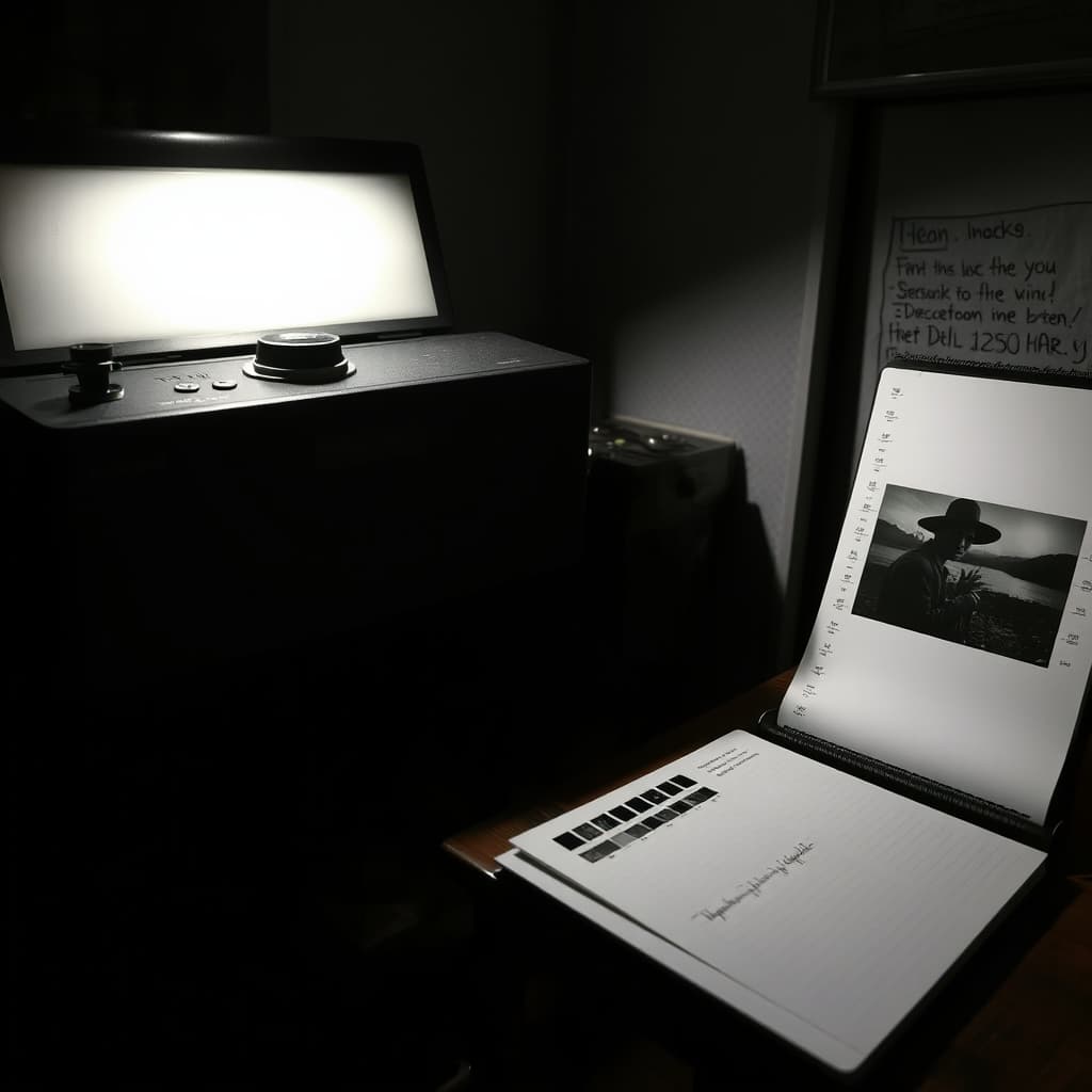 Exposure test strips and a full photographic work print rest beneath a darkroom enlarger.