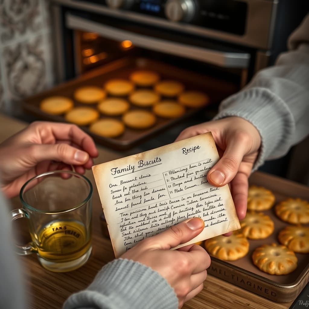 A protected family recipe card and tea glass measure sit beside a tray of freshly baked biscuits.