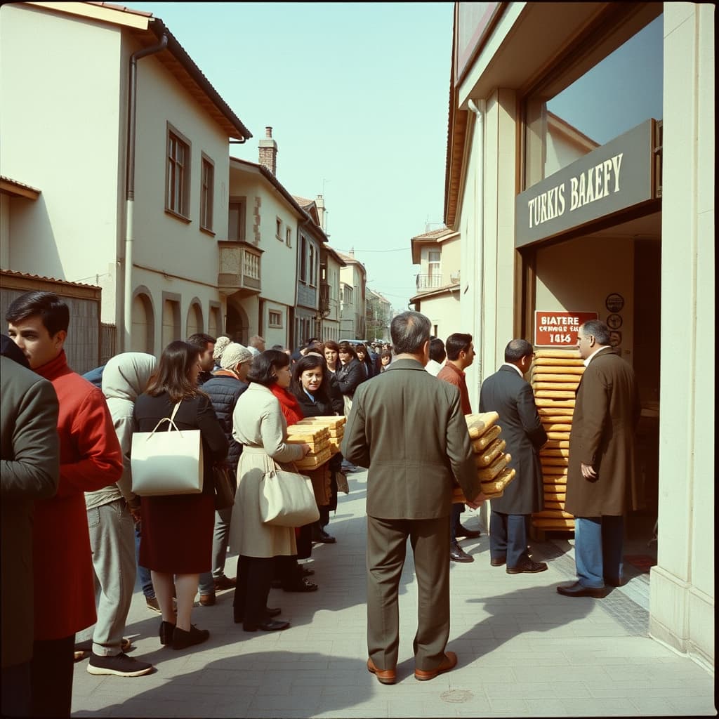 Customers wait in an orderly bakery queue while workers safely prepare the next batch of bread