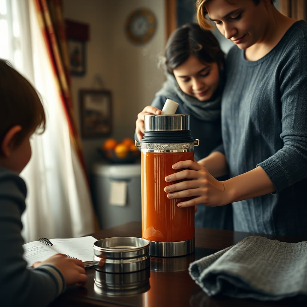 A family cleans and inspects the lid and seal of a vintage food thermos during holiday preparations