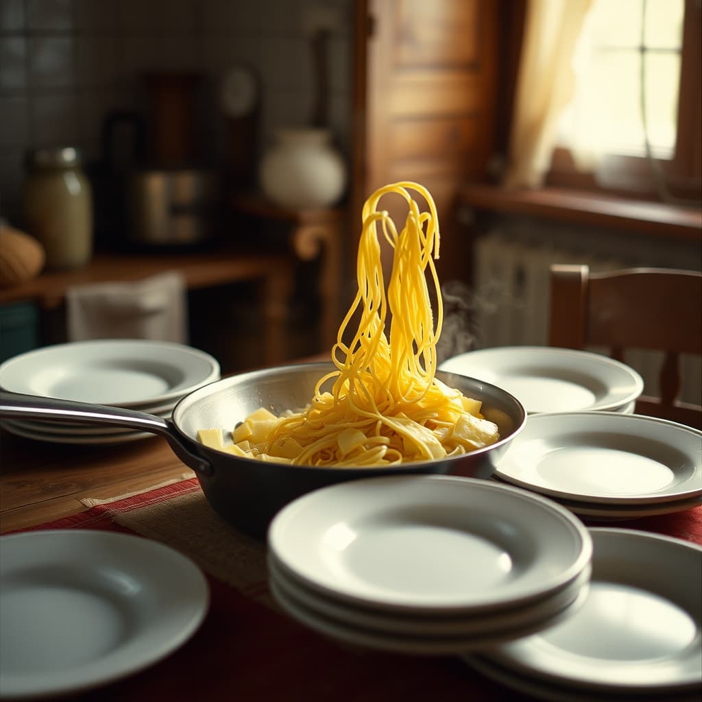 Hand-cut erişte noodles are mixed with butter in a pan beside plates ready for serving.