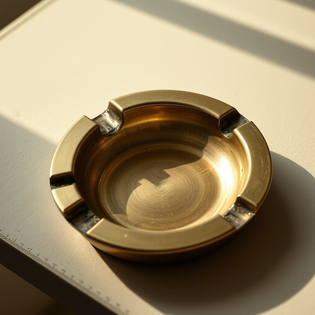 An empty brass-coloured ashtray with visible wear is examined and measured on an archival table.
