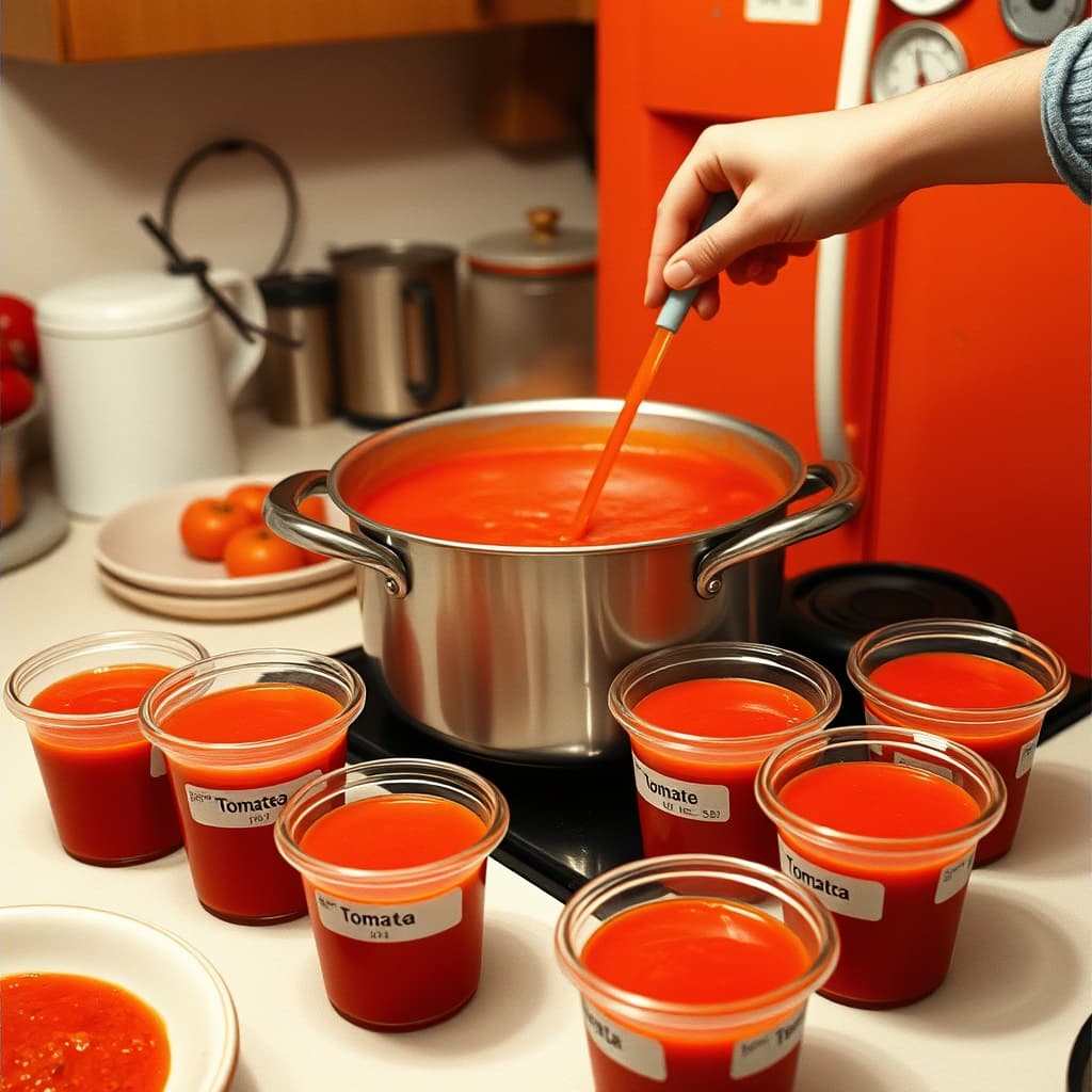 Homemade tomato soup is divided from a large pot into shallow labelled containers for safe cooling