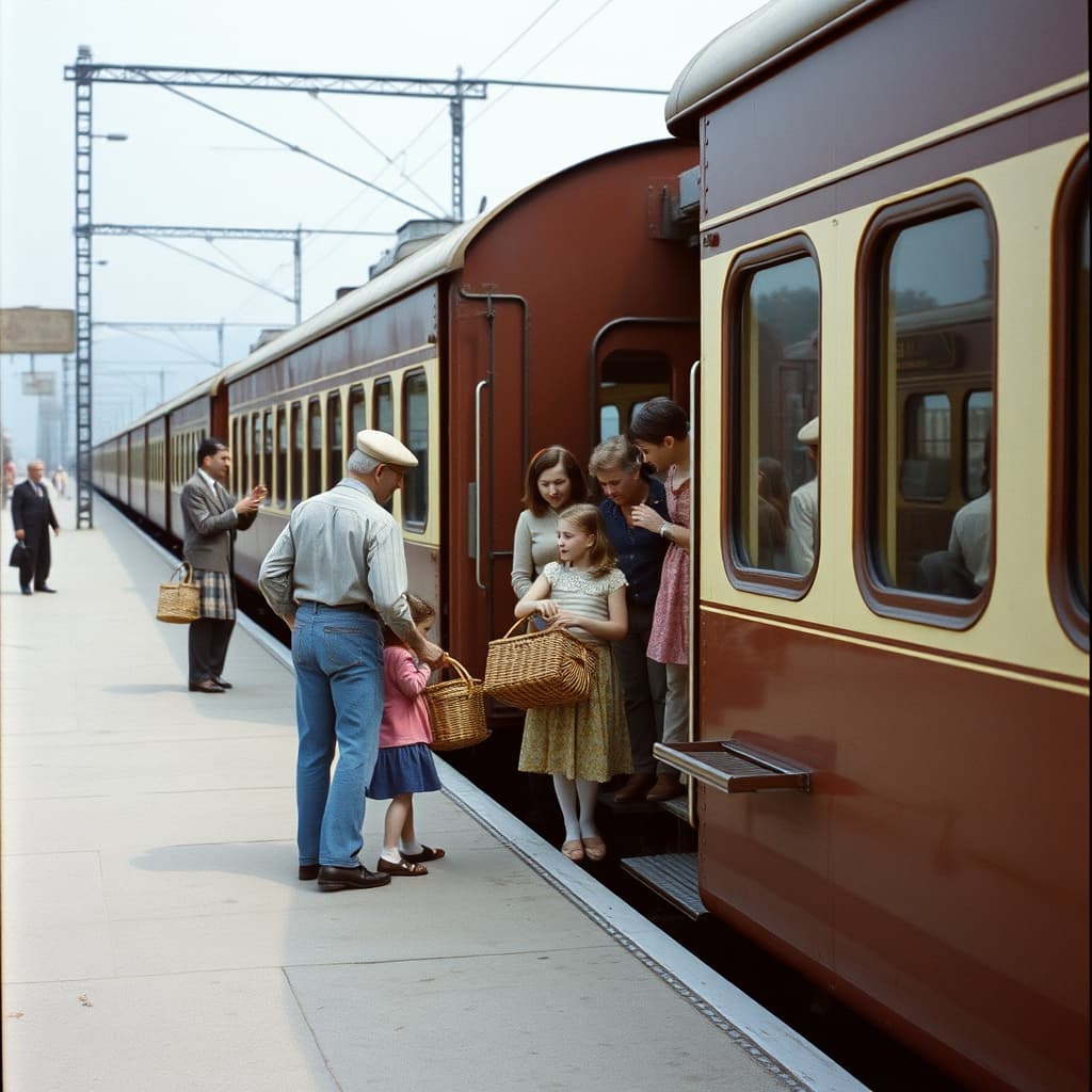 A family boards a weekend picnic train calmly while railway staff assist and children remain supervised