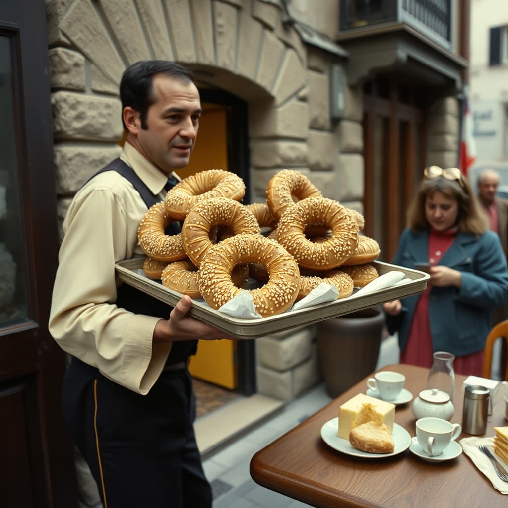 Fresh sesame simit from a stone bakery arrives at a family breakfast table with tea and cheese