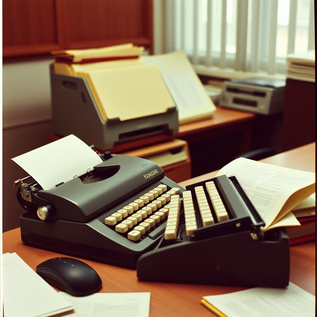 A typist prepares an official page with margin guides, carbon copies, and a filing folder