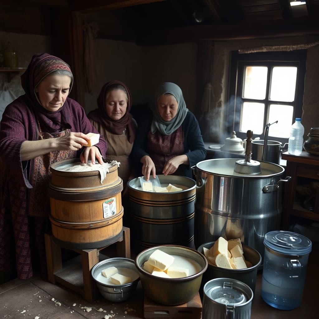 Family members document a historic churn while preparing ayran safely in a separate food-safe vessel