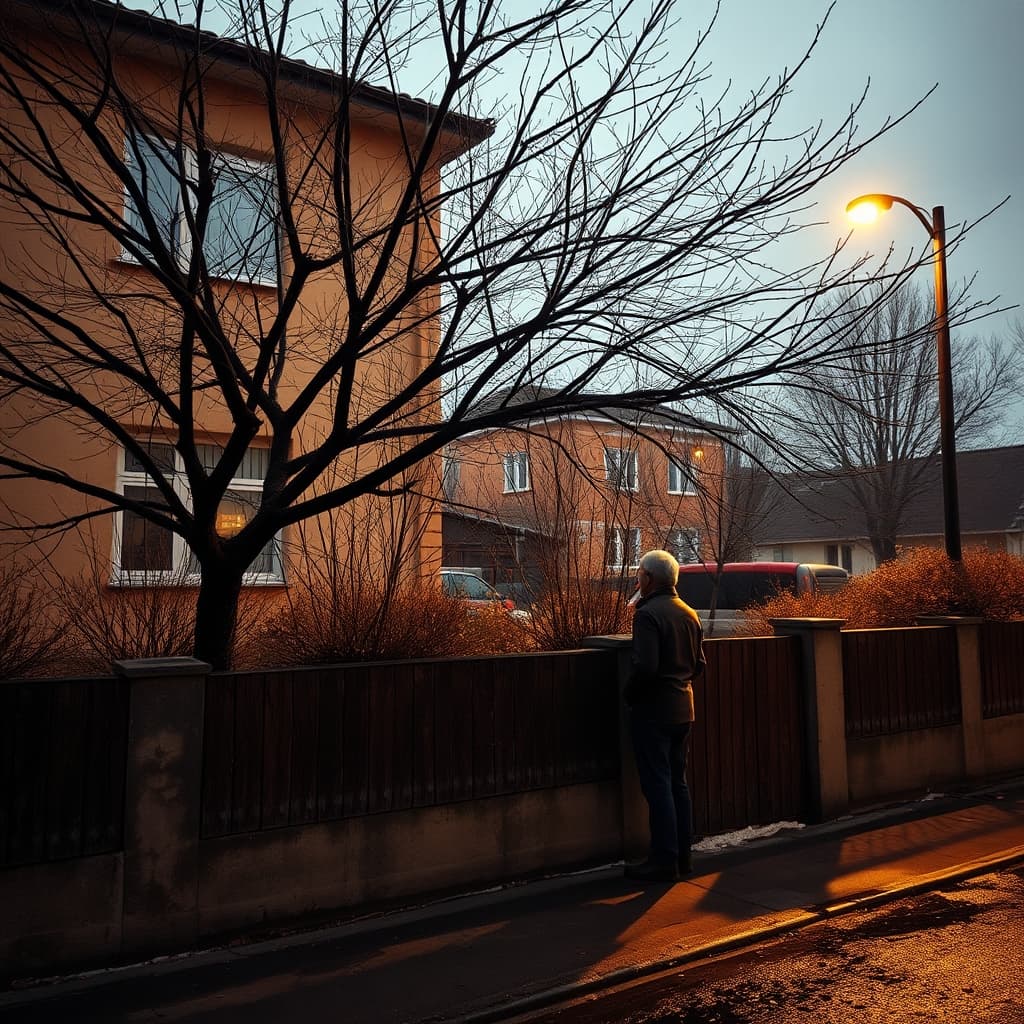 Bare plum branches extend above a garden wall as two neighbours greet each other on a winter evening.