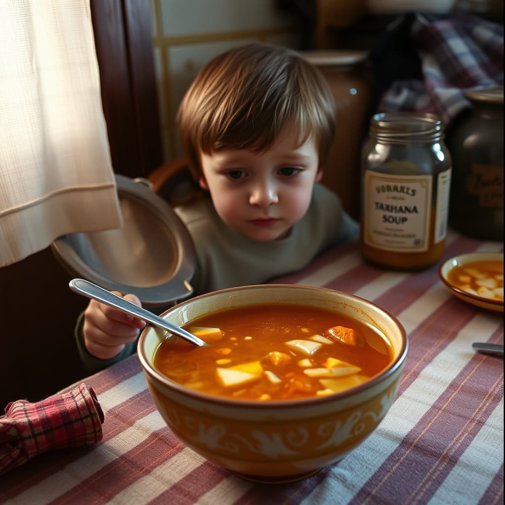 A child receives warm tarhana soup after school while drying tools and a storage jar show its earlier preparation