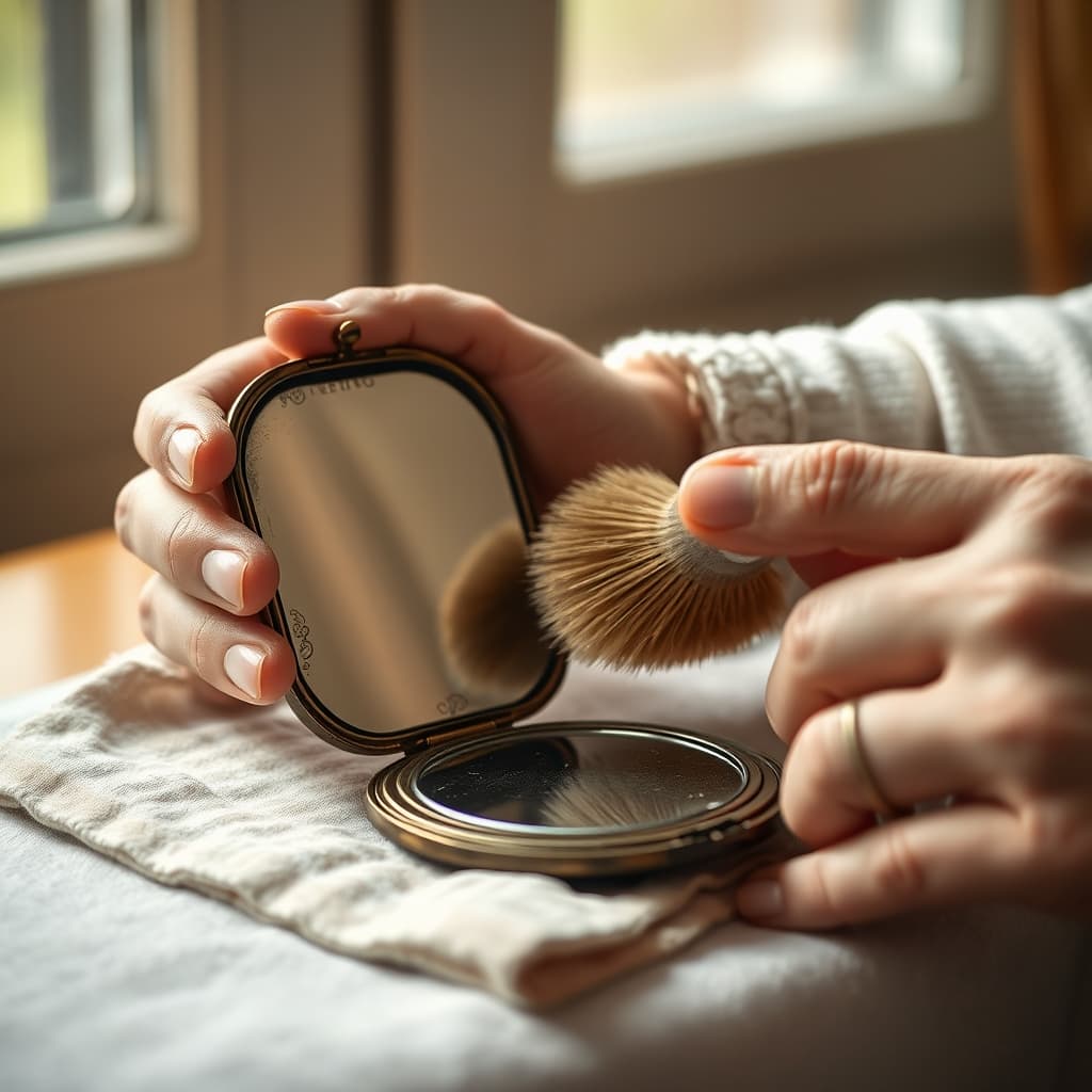 Hands gently clean a worn folding pocket mirror with darkened edges and a visible hinge.