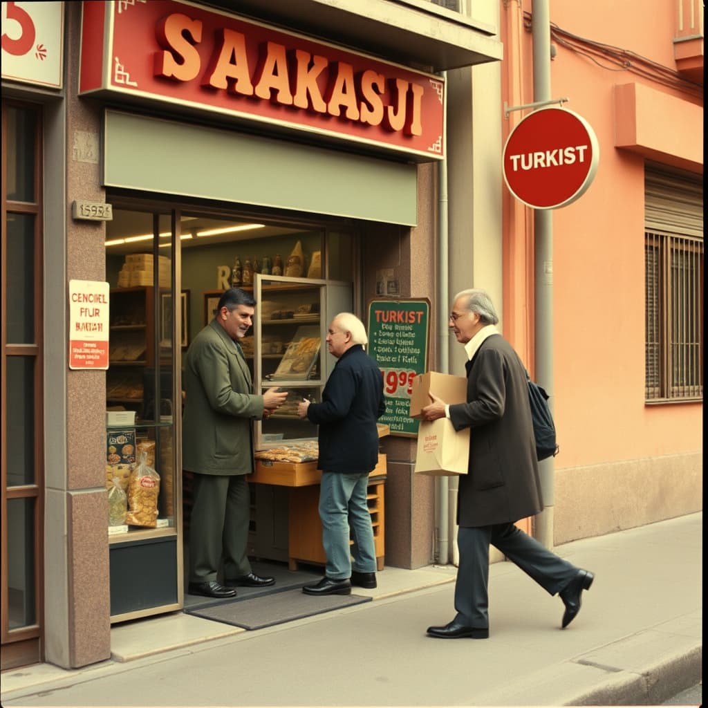 A shopkeeper greets morning passers-by while a delivery is arranged on a clear pavement
