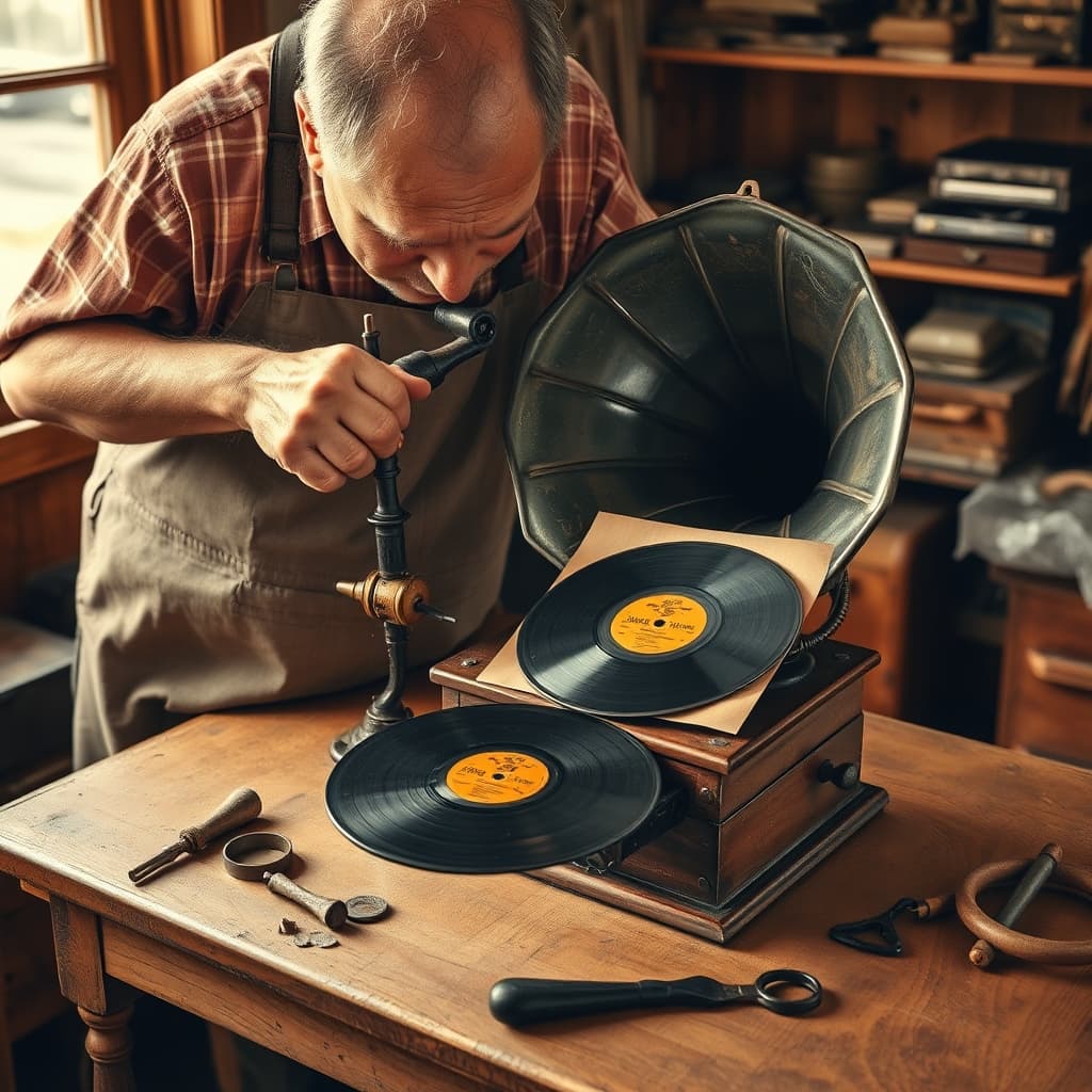 A repairer inspects an old gramophone mechanism while a fragile record rests safely beside the workbench.