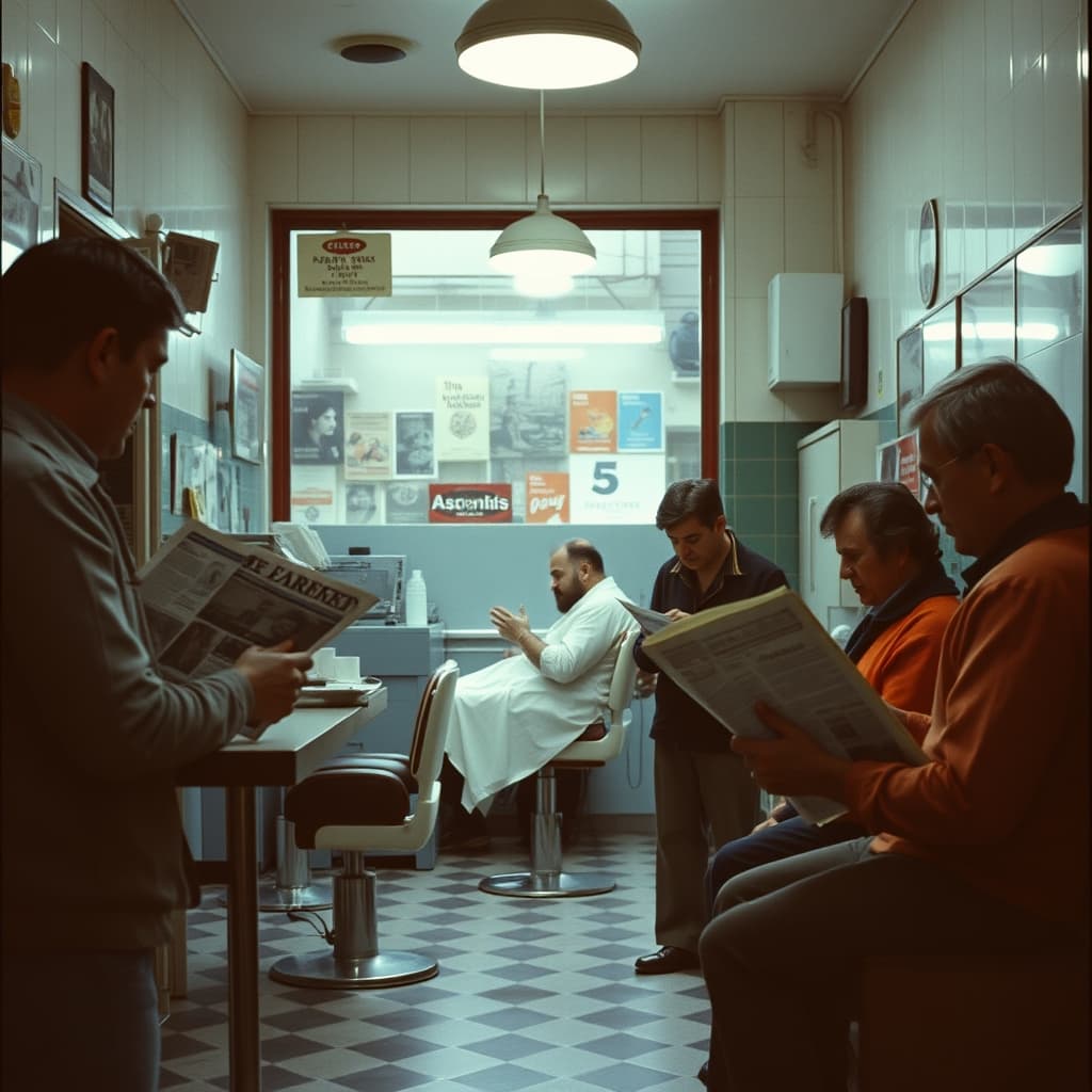 A barber works while waiting customers exchange local news and an apprentice cleans tools