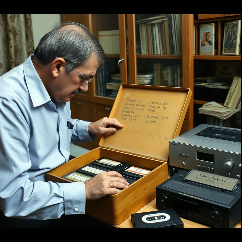 A conservator documents labelled cassettes in their original archive-box order before safe playback and digitisation