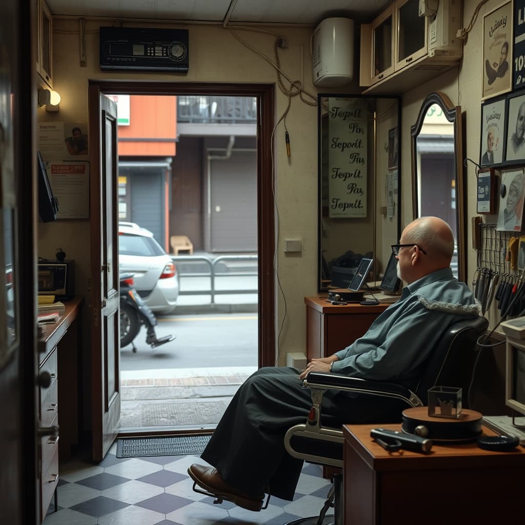 A barber sits beside an empty chair during a recorded oral-history interview in a neighbourhood shop.