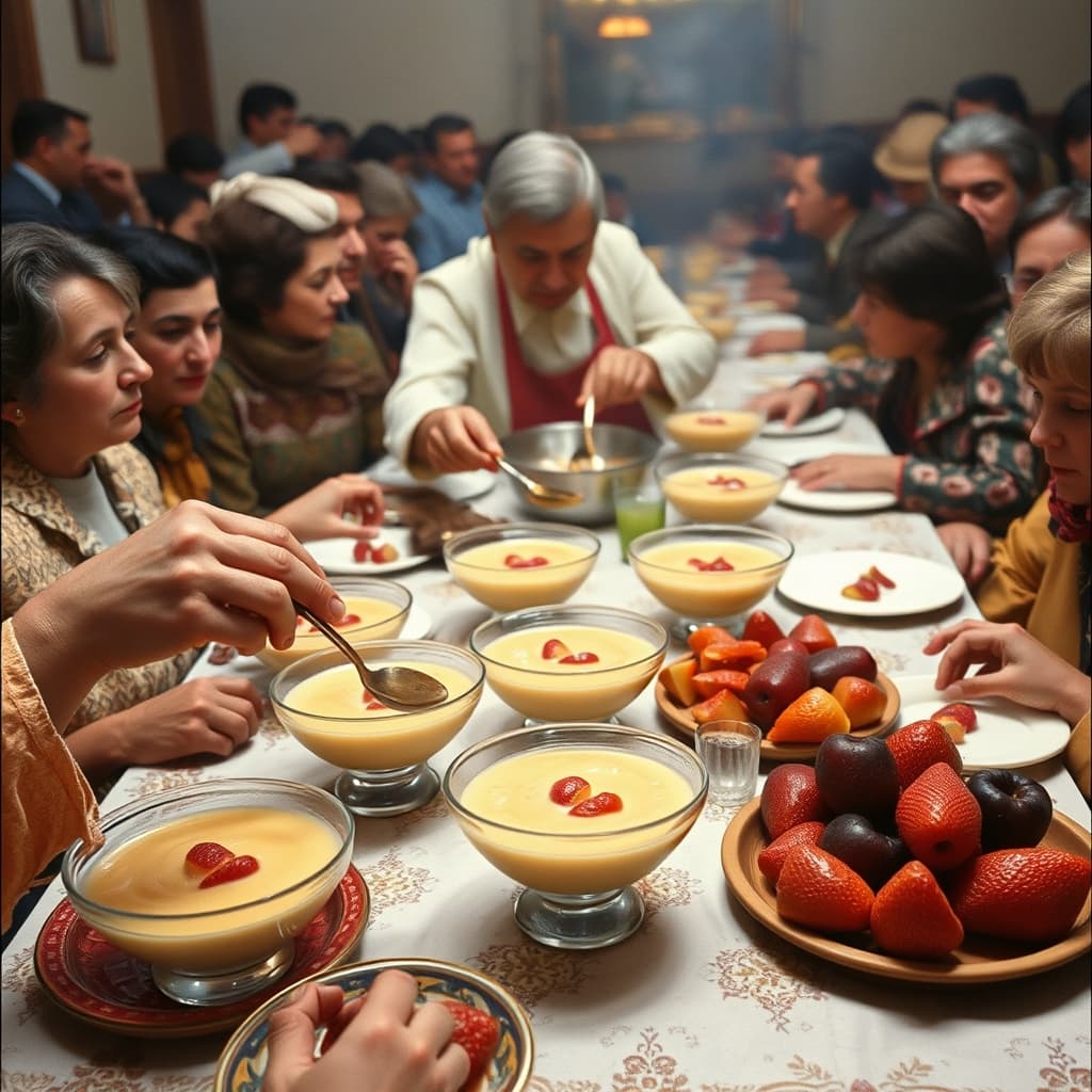 A family shares cooled fruit pelte while the cook checks its smooth starch-set texture