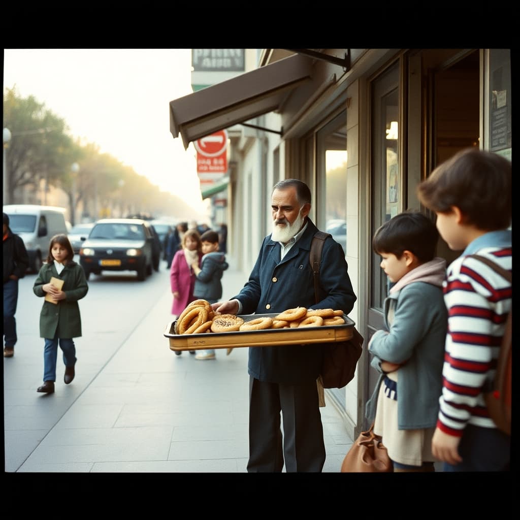 Children safely buy simit from a morning seller on a clear pavement along the school route