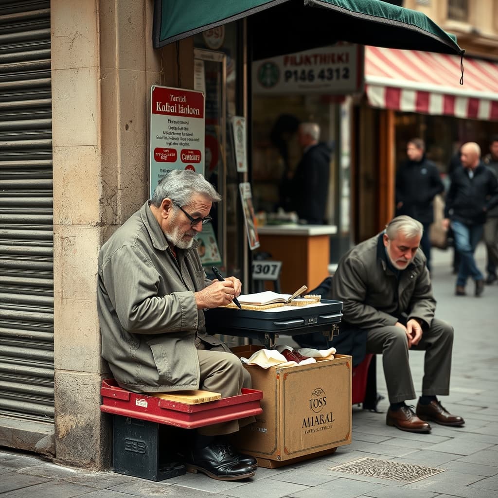 A street shoe shiner works with brushes and cloths at a small corner pitch while a customer waits.