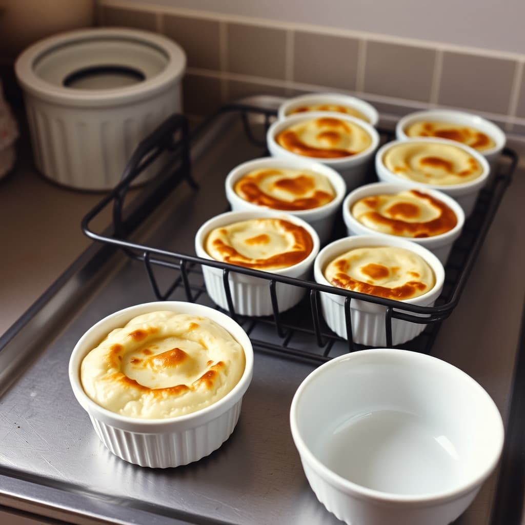 Individual baked rice pudding bowls sit on a tray, with two portions prepared for a neighbour and an empty bowl nearby.