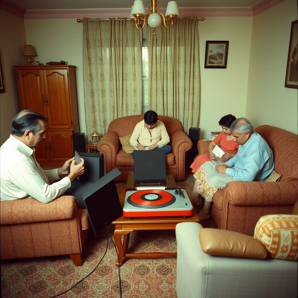 A family sitting room arranged around a turntable and carefully positioned loudspeakers