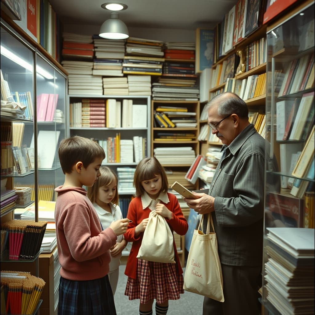 Children compare pencils, paper, rulers, and notebooks at a neighbourhood stationery counter