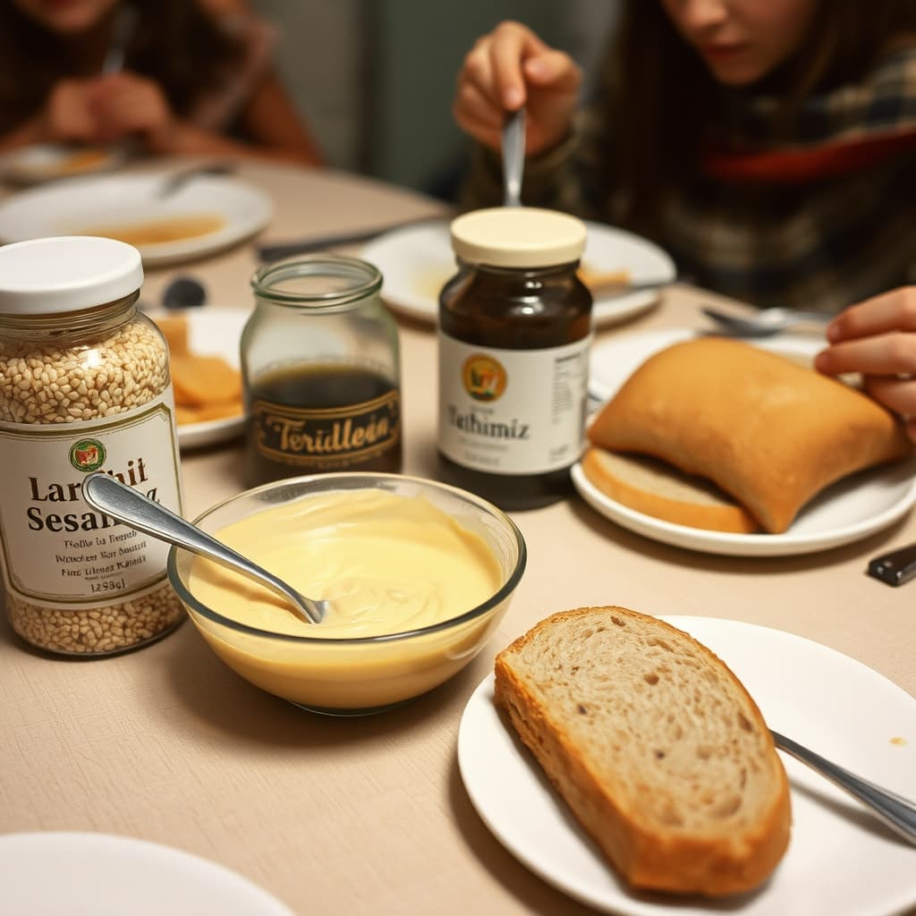 Tahini and grape pekmez are mixed in a small bowl beside bread and clearly separated serving spoons