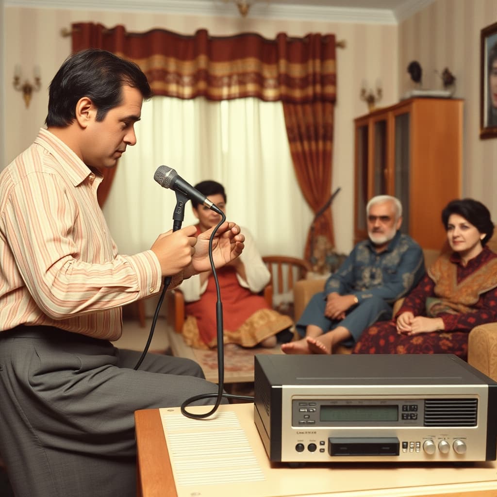 An adult positions a wired microphone while relatives sit near a cassette deck prepared for recording.