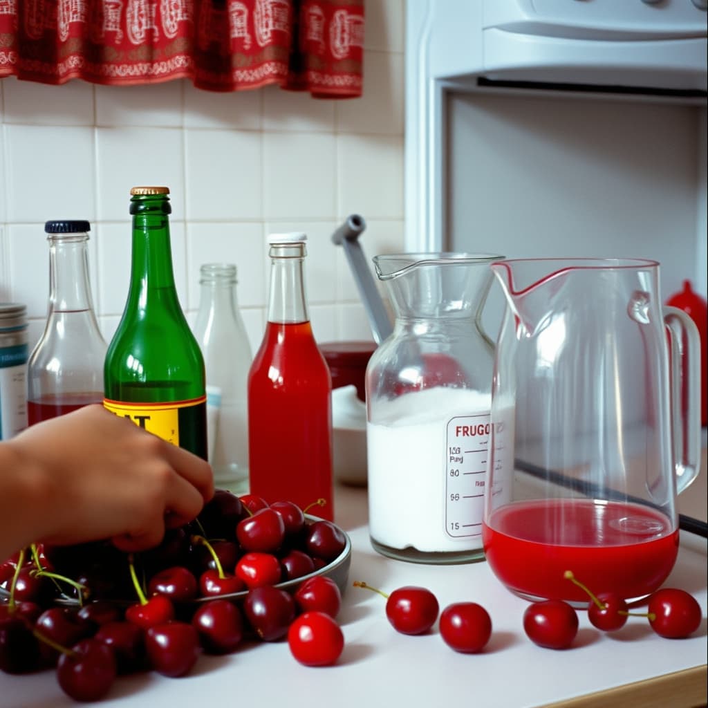Sound sour cherries are carefully pitted beside clean bottles and a labelled refrigerated sherbet jug