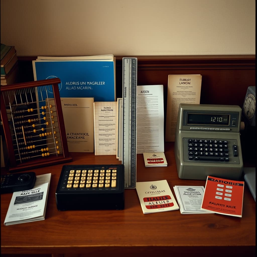 An abacus, slide rule, and mechanical adding machine are compared side by side with manuals and catalogue records