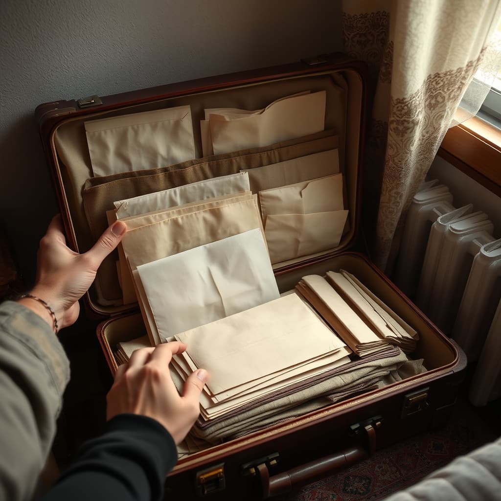 An old suitcase in a bedroom corner holds layered folded cloth and closed envelopes.