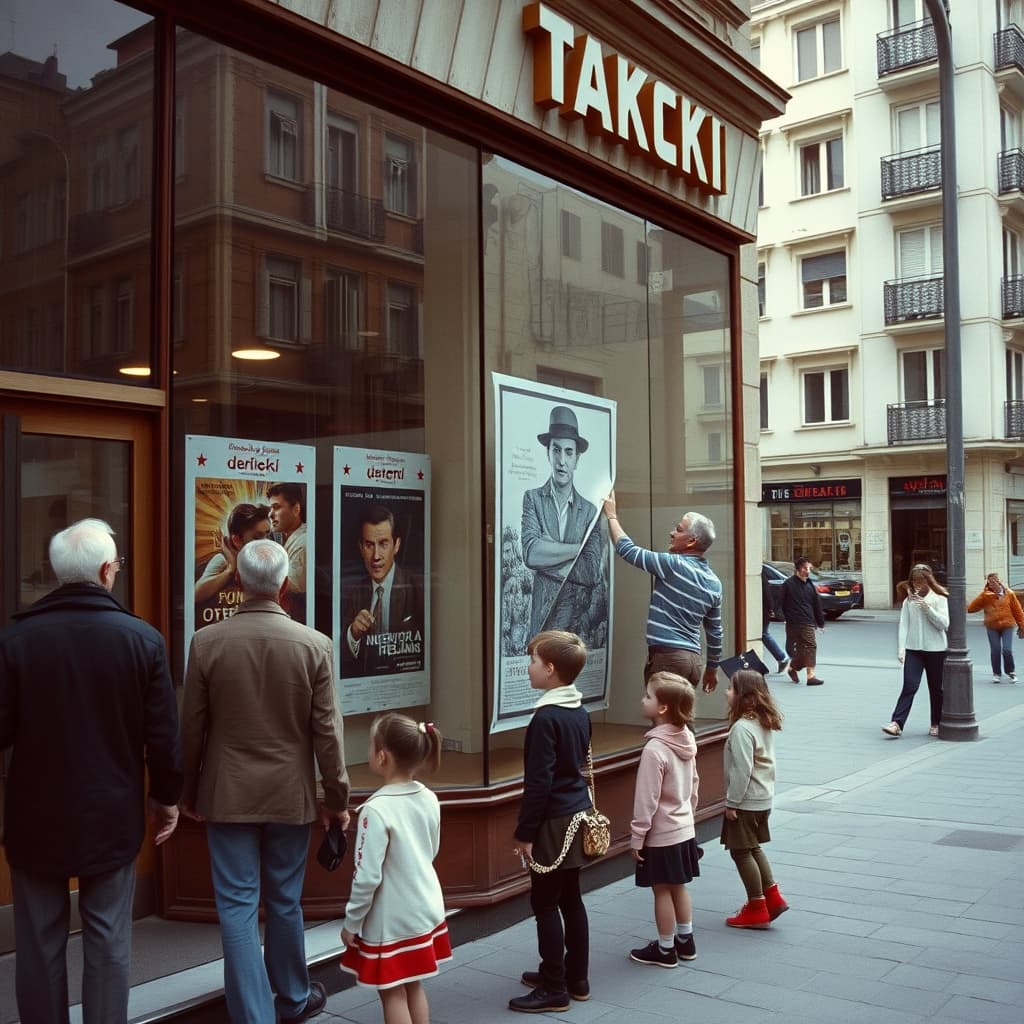Schoolchildren and passers-by view a glazed cinema poster case while an employee changes the display.