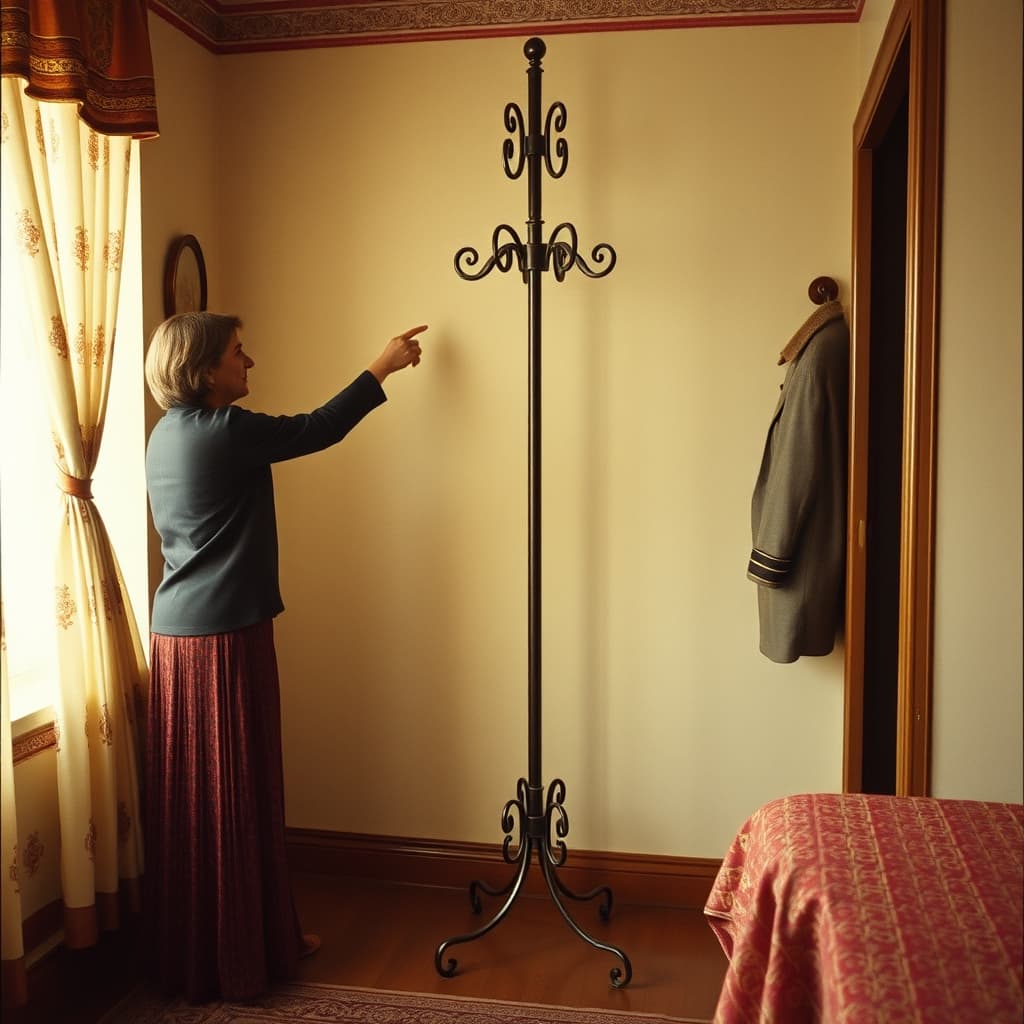 A conservator checks the stable base and balanced load of a wrought-iron coat stand in a dowry room