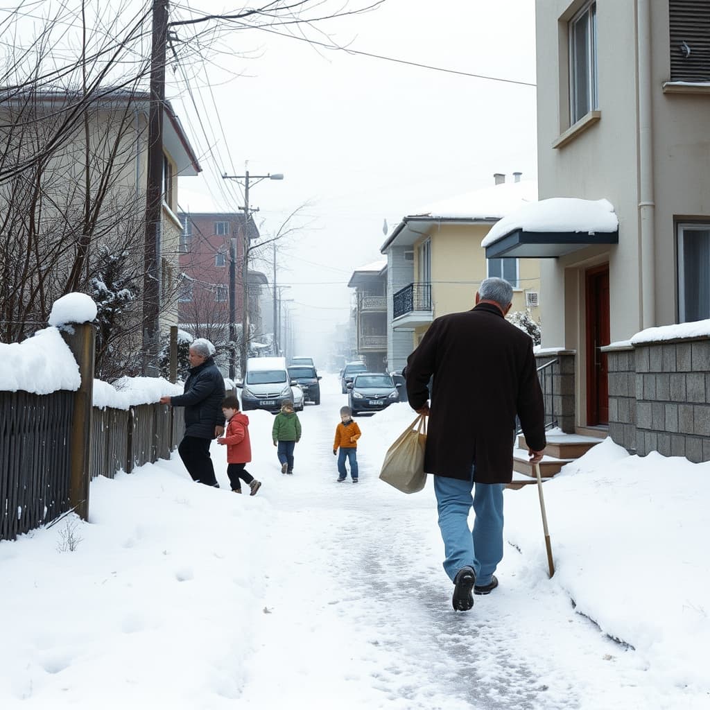 Neighbours clear a shared path and carry an errand along a snowy residential street.