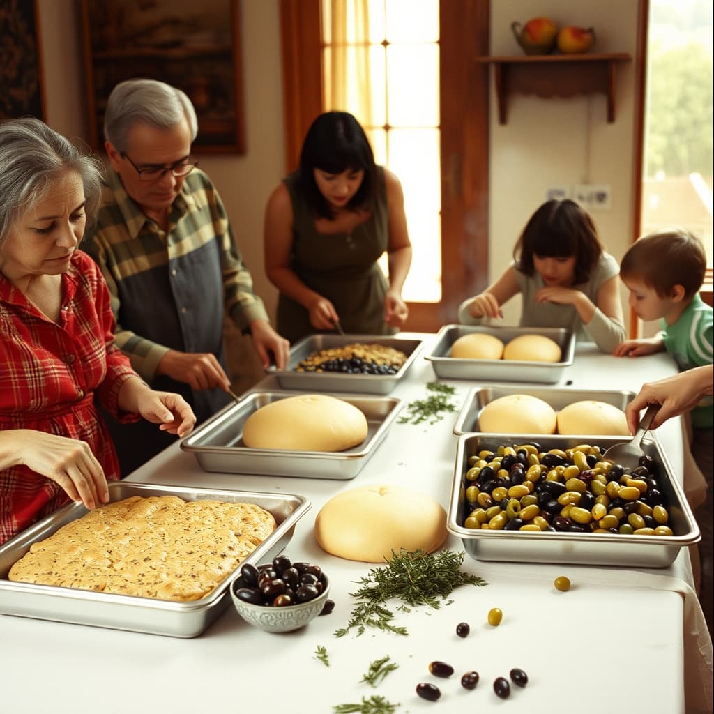 Family members prepare risen dough with pitted olives and herbs for a spring table in a clean 1970s kitchen