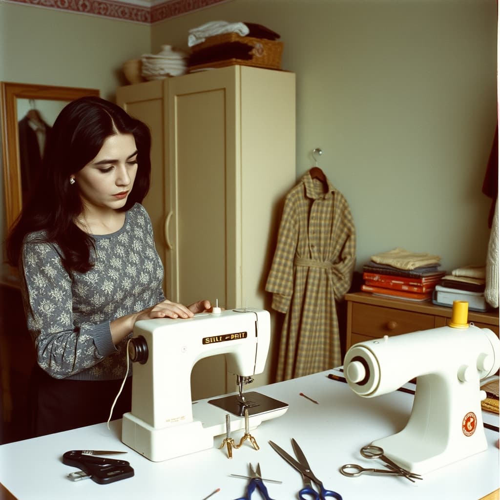 A skilled neighbour carries out a respectful clothing fitting in a safely organised 1970s home sewing room