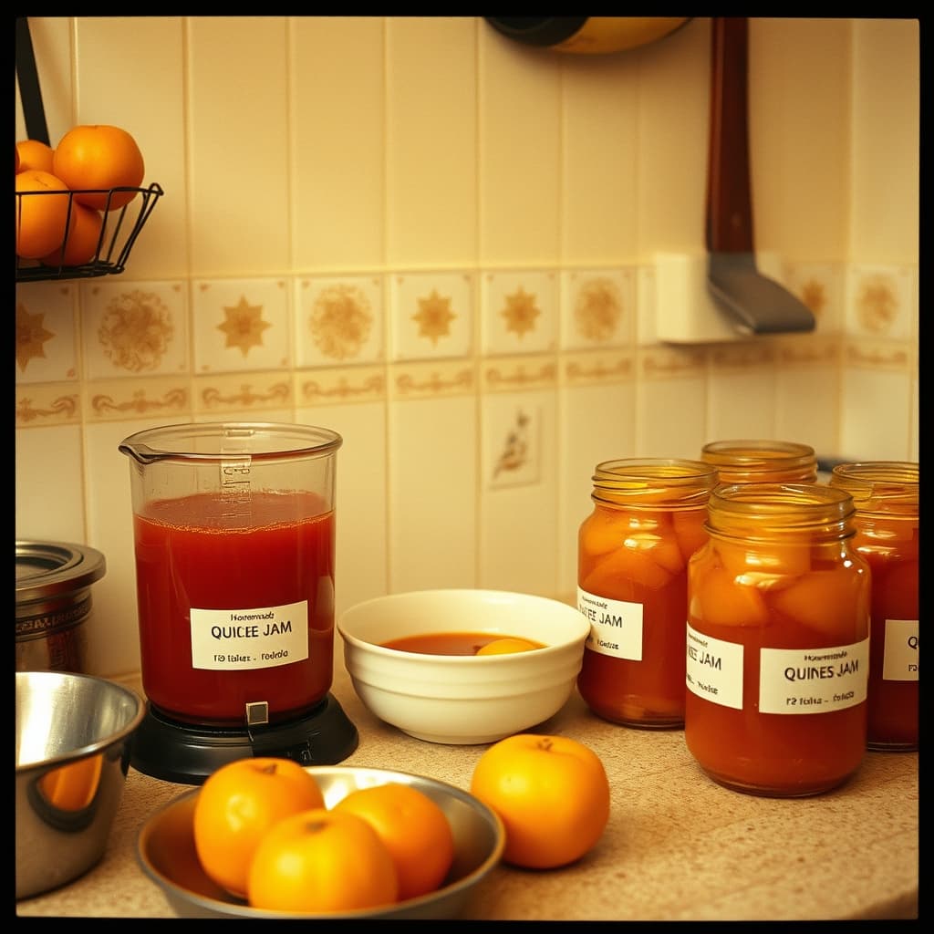 Measured quince jam ingredients and labelled jars distinguish a refrigerated batch from a tested shelf-stable preserve