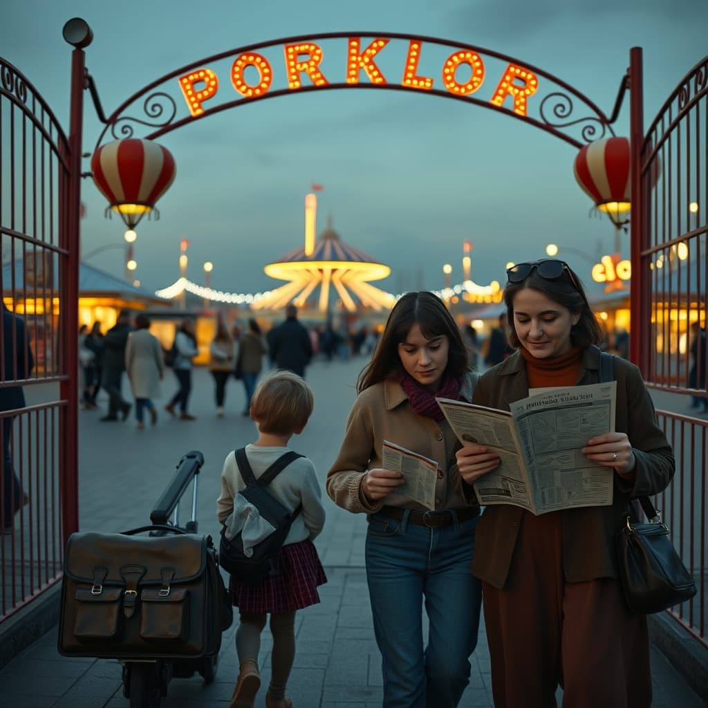 A family with a schoolchild approaches an evening fairground holding tickets and a folded map.