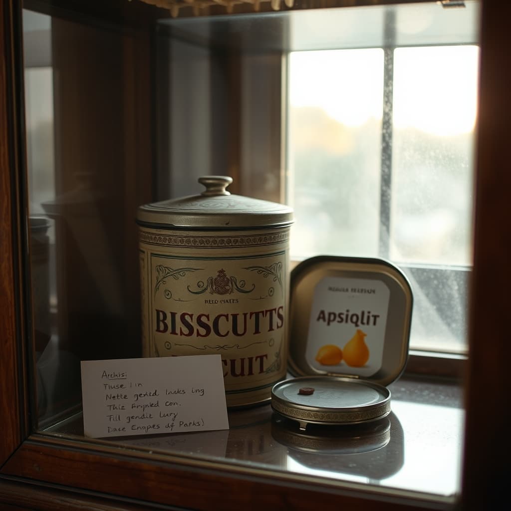 A worn decorated biscuit tin sits open in a living-room cabinet with its lid beside it.