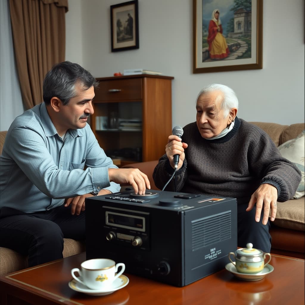 A family listens quietly as a grandparent records a story on a cassette tape recorder
