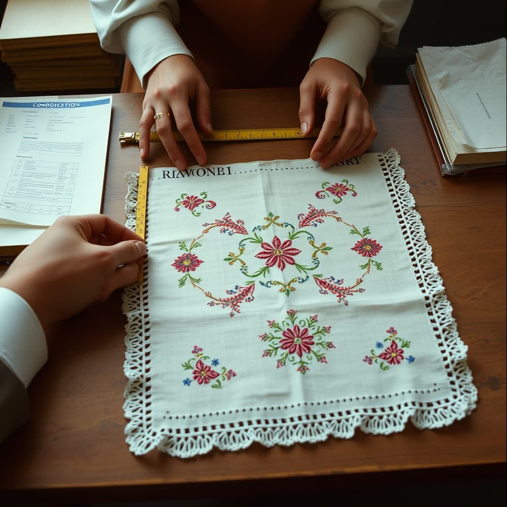 An embroidered dowry handkerchief is carefully measured, photographed, and catalogued