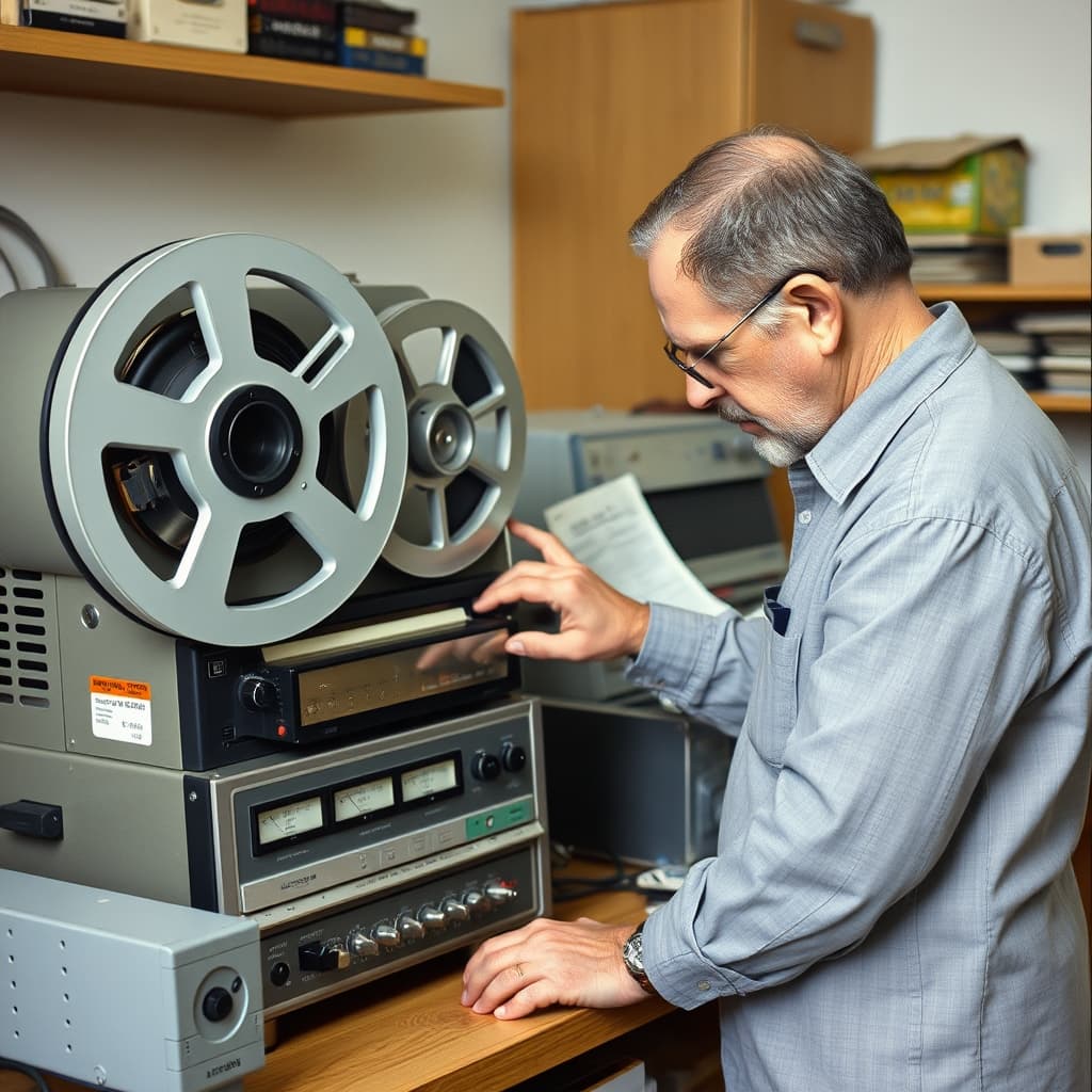 A technician safely diagnoses the tape path and electrical components of a reel-to-reel recorder
