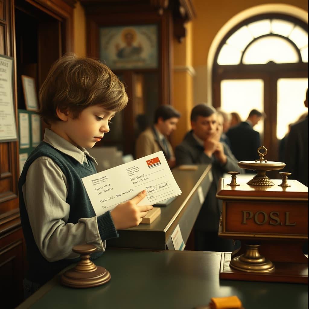 A schoolchild hands a sealed family letter to a clerk at an old wooden post office counter.