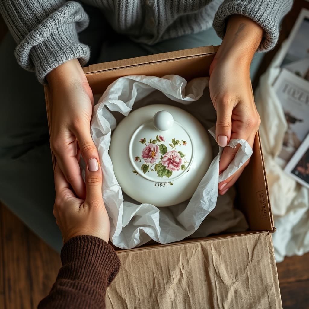 Adult hands wrap a porcelain sugar bowl and its separate lid carefully for a house move.