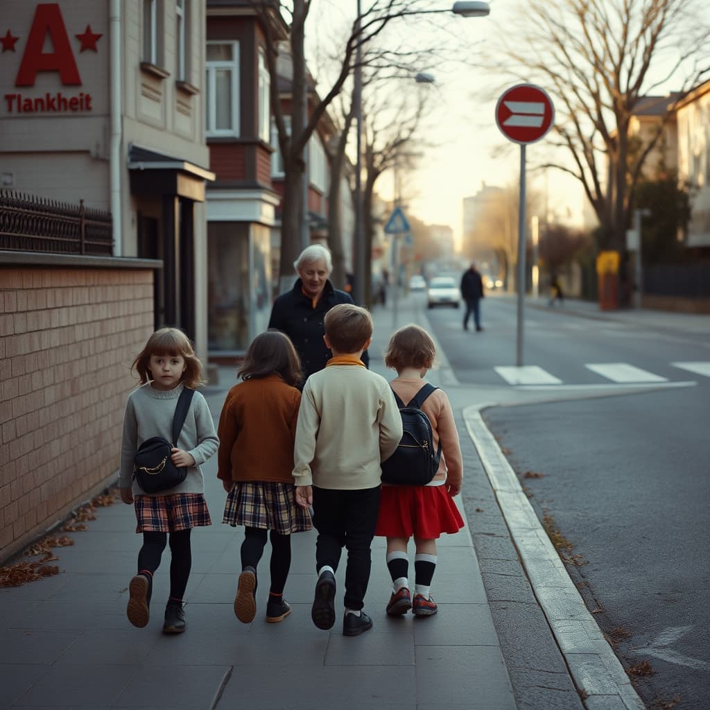 Schoolchildren walk together along a neighbourhood pavement toward a marked crossing with an adult nearby.