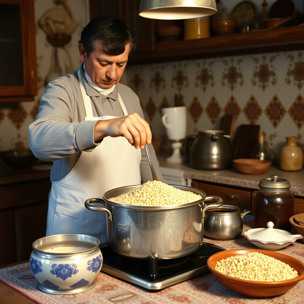 A cook patiently toasts semolina in a heavy pot while syrup waits safely nearby