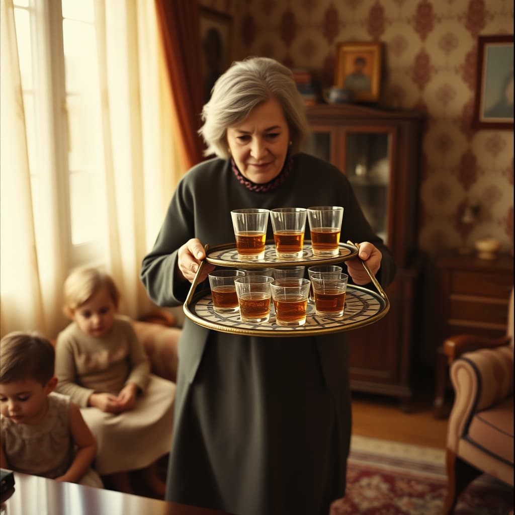 An adult carries a balanced patterned tea tray along a clear route while children remain safely seated
