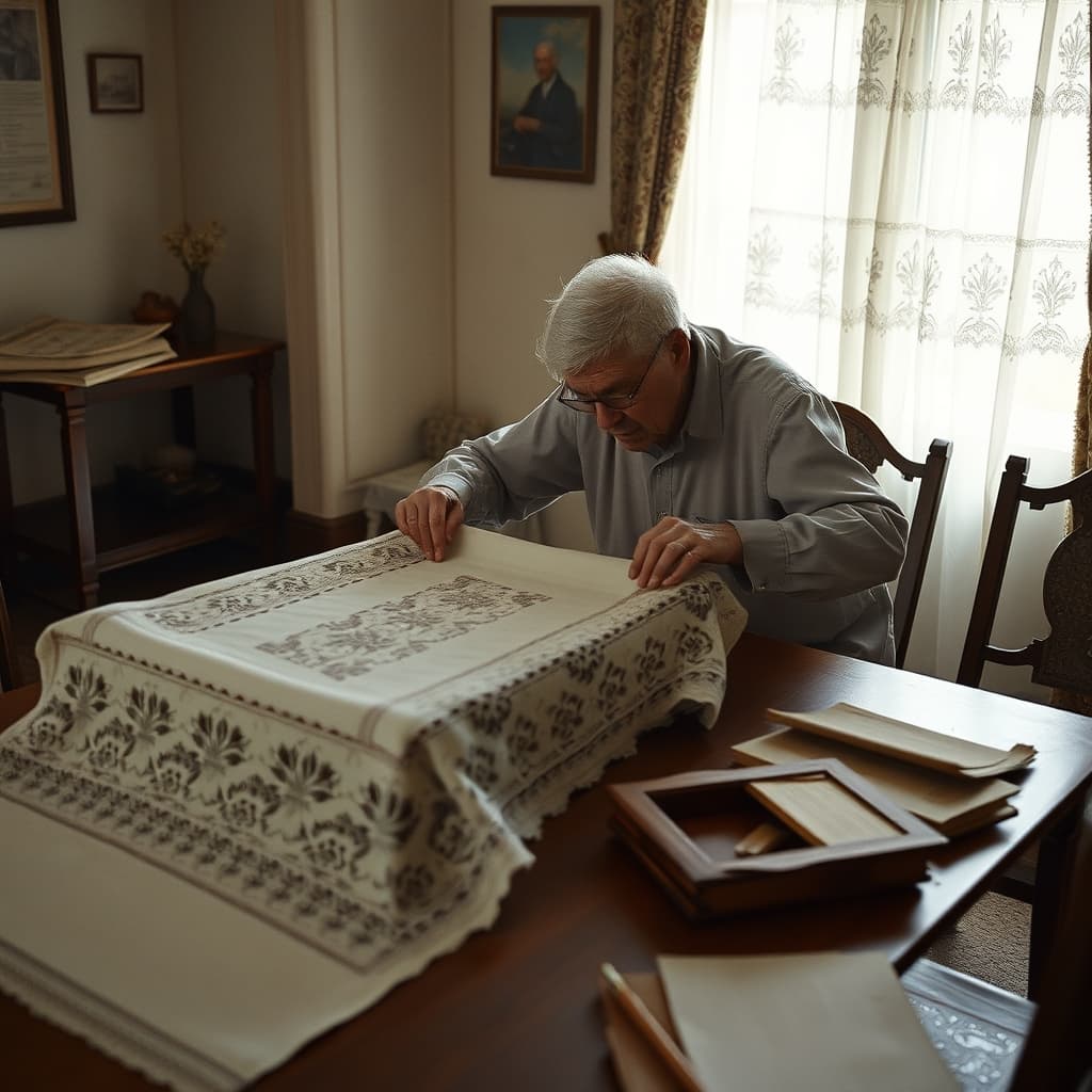 A maker and conservator examine wear, repairs, and drawn-thread work in an openwork tablecloth