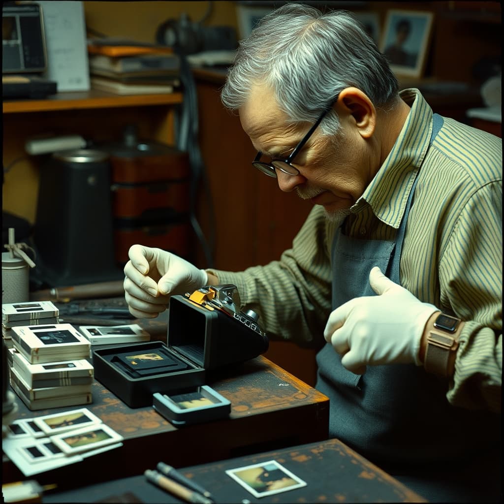 A careful repairer examines a vintage instant camera beside safe tools, film packs and test photographs