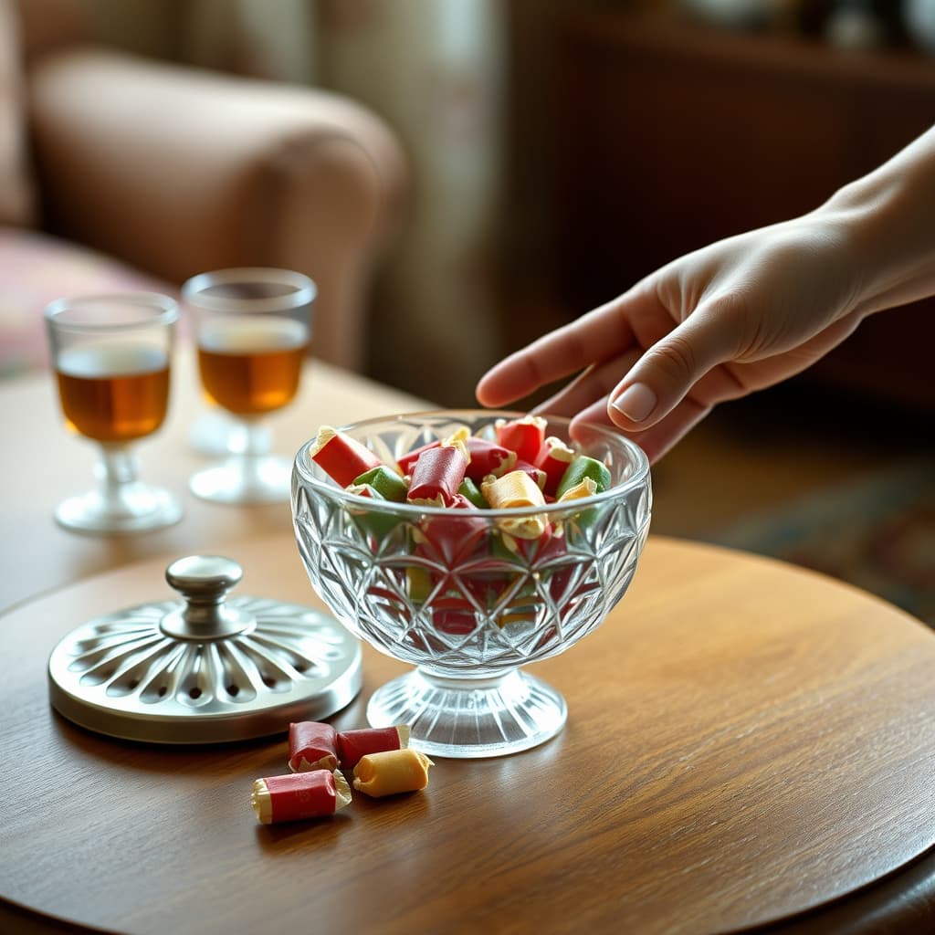 A hand offers a faceted glass bowl of wrapped sweets, with its lid resting beside tea glasses.