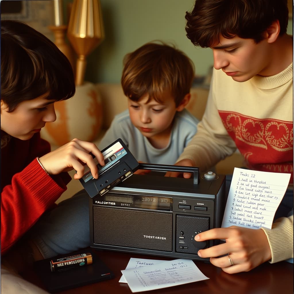 A family carefully selects a labelled cassette and tunes a radio-cassette player before listening